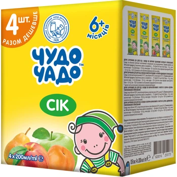 Промо-упаковка соков Чудо-Чадо Яблоко и персик + Яблоко + Яблоко и груша + Яблоко и абрикос 200 мл х 4 шт (4820016255173)