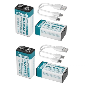 Аккумуляторные батареи 6F22 Крона 9V с USB Type-C 1200мАч Pujimax White (4 шт + 2 кабеля) (16228-4)