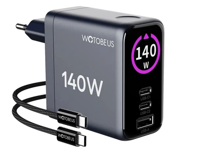 Сетевое зарядное устройство WOTOBE GaN 140W, 3 порта (2×USB-C PD3.1 + USB-A QC5), с дисплеем мощности, PD 140W / 100W / PPS 65W