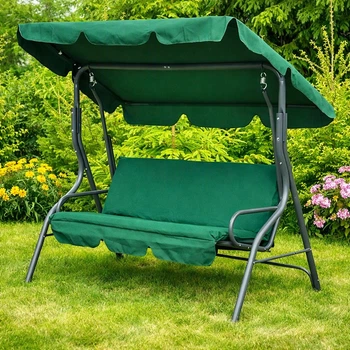 Усиленные садовые качели Relax Green трёхместные с навесом, стальная рама с порошковым покрытием, нагрузка до 250 кг, водонепроницаемый полиэстер, регулируемый тент, размеры 170×180×100 см