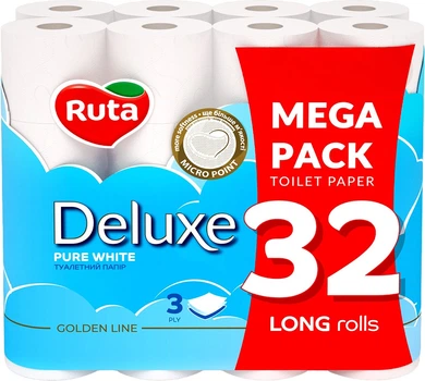 Туалетний папір Ruta Pure White Deluxe 3 шари 160 відривів 32 рулони (4820202896135)