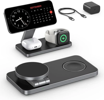 Беспроводная зарядная станция 3-в-1 T8 с MagSafe для iPhone, Apple Watch и AirPods, черная | Магнитная док-станция - Б/У