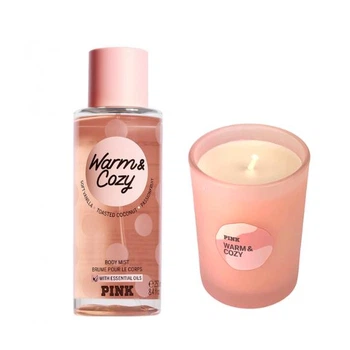 Набор: парфюмированный спрей Victoria's Secret Pink Warm & Cozy Body Mist и ароматизированная свеча 180г