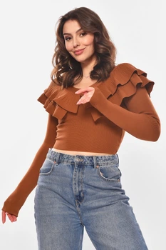 Кофта женская с рюшами однотонная коричневого цвета Fashion размер 40-42 (210178)