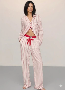 Жіноча піжама бавовна фланель в смужку сорочка +штани Victoria's Secret SPC24 розмір L