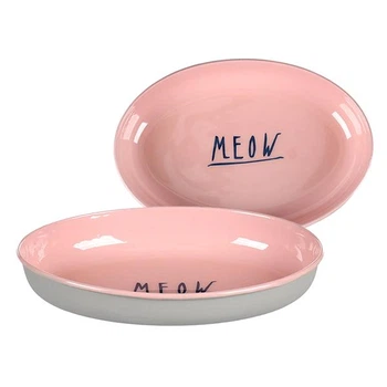 Миска Flamingo Nell Oval эмалированная овальная для котов 275 мл, розовая-серая, предотвращает усатый стресс