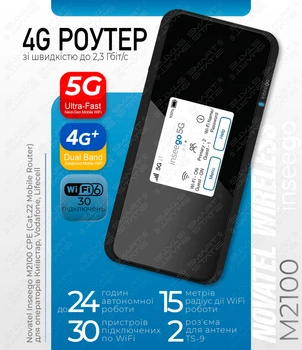 Высокоскоростной маршрутизатор 5G/4G модем/роутер USB WI-FI 4G LTE Novatel Inseego M2100 (Cat.22). Скорость до 2,7 Гбит/с. Два выхода под антенну. Аккумулятор 5050 мАч. До 30 подключений по WiFi. Для операторов Киевстар, Vodafone, Lifecell