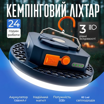 USB LED Лампа Фонарь Светильник Павербанк 7200 mAh Синий Аккумуляторный Кемпинговый Туристический Аварийный Беспроводной на Батарее Походный Ночник