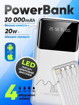 Повербанк умб 30000 mah 20w зі швидкою зарядкою та вбудованими кабелями type c lightning micro usb Thatti power bank wxj-021 павербанк для роутера телефону пристроїв powerbank зовнішній портативний акумулятор повербанки великої ємності білий