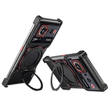 Чехол Metal Bamper для ZTE nubia Z80 Ultra с кольцом – подставкой и защитной рамкой на камеру black с серебряным