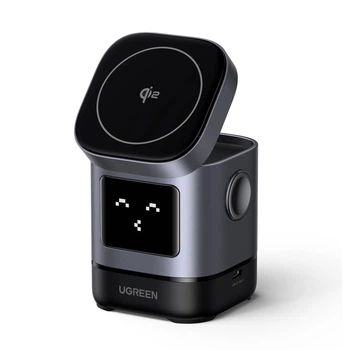 Беспроводное зарядное устройство Ugreen Uno W709 Qi2 3-в-1 Магнитное 15W с дисплеем Серое (45775)