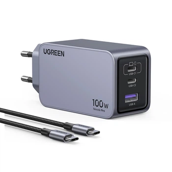 Зарядное устройство GaN Ugreen Nexode Pro X757 100 Вт 3 порта (2xUSB-C, USB-A) + кабель USB-C 1.5 м Серый (25874)