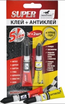 Суперклей МОМЕНТАЛЬНИЙ+АНТИКЛЕЙ MUSTANG блістер 3г+3г MG13, шт