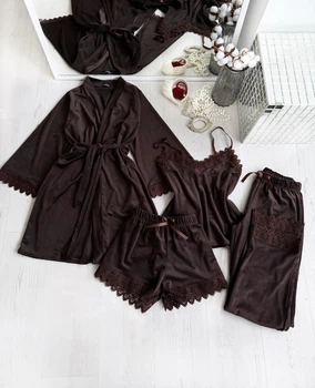 Комплект жіночий четвірка халат майка шорти штани Amelia Collection XL коричневий