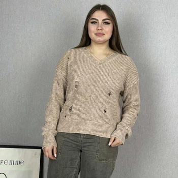 Женский вязаный свитер варенка рваный дизайн 0349 беж 48-52