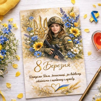 Открытка на 8 марта для защитниц Украины "Военнослужащая", с ламинацией, 10х15 см