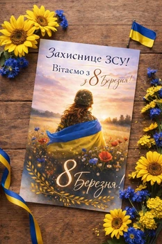 Открытка на 8 марта для защитниц Украины "Поле цветов, флаг Украины", с ламинацией, 10х15 см.