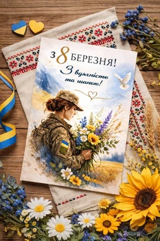 Открытка на 8 марта для защитниц Украины "Девушка с цветами", с ламинацией, 10х15 см.