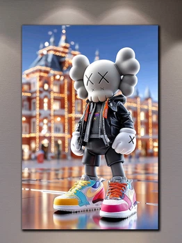 Поп-арт картина на полотні - KAWS у вогнях міста декор для офісу та кабінету - 40х60 см