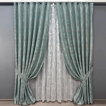 Комплект штор VR-Textil Жаккард Мармур 100х270 2шт и Тюль 300х270 1148ш-1400т Бирюзово-серый с белым 71-118/1