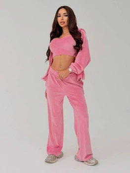 Жіночий велюровий костюм (топ+кофта+штани) Uaclothes 42-44 Рожевий (like36885-173121349)