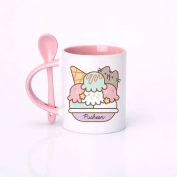 Чашка керамическая с ложкой глянцевая Pusheen Пушин 330 мл (ПУ10352)