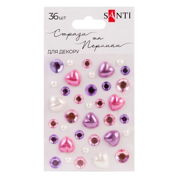 Стрази і перлини SANTI 743000 Heart mix рожеві, бузкові, самоклеючі (36шт.) /74300/
