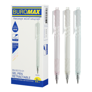Ручка гелева авт. BUROMAX 8372-01 NOVEL 0,5мм синя, прозорий корпус (12/144) /BM.8372-01/