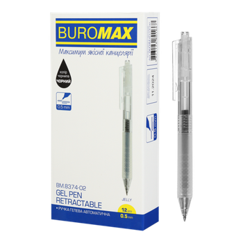 Ручка гелева авт. BUROMAX 8374-02 JELLY 0,5мм чорна, прозорий корпус з силіконовим грипом (12/144) /BM.8374-02/