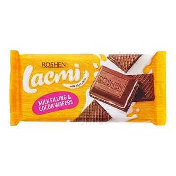 Упаковка шоколаду Roshen Lacmi молочний з молочною начинкою та вафлею 90 г х 12 шт