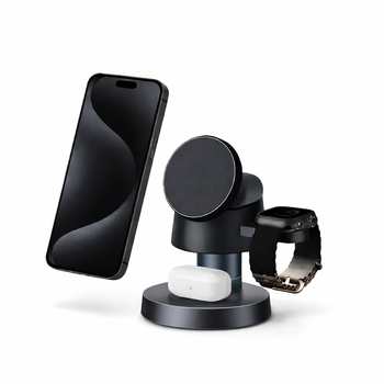 Беспроводная зарядка 4 в 1 15W Strong Magnet | Магнитная станция для iPhone, Apple Watch, AirPods | LED ночник | Черная
