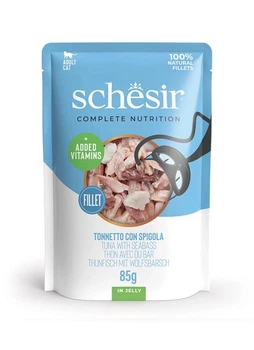 Влажный корм Schesir Tuna with Seabass для кошек, тунец с морским окунем в желе, пауч, 85 г х 12 шт