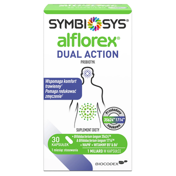 Симбіосис Альфлорекс Dual Action Symbiosys Alflorex Dual Action — пробіотик подвійної дії з Bifidobacterium 35624 та 1714, кальцієм і вітамінами B5, B6, 30 капсул