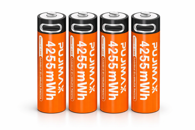 Акумуляторні батарейки AA 1.5V PUJIMAX Li-Ion 4255 mWh, USB-C зарядка, 4 шт (4шт+кабель+коробка) Помаранчеві