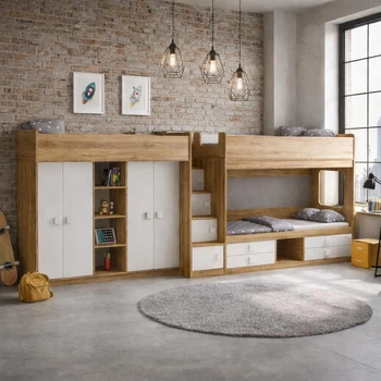 Детская кровать для троих детей и системой хранения Loft_Apartament цвет белый дуб тахо 4019 × 802 × 1677 мм