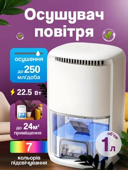 Осушувач повітря для кімнати квартири та дому від плісняви для басейну до 250 мл на добу 22.5 Вт до 24 м² 7 кольорів підсвічування індикатор заповнення баку 1 л рівень шуму до 30 дб білий (0277-0001)