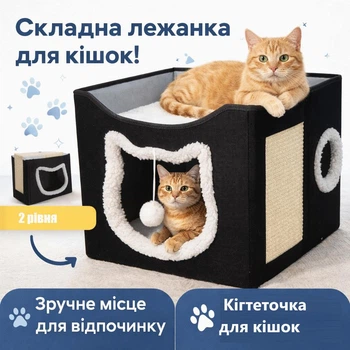 Складная лежанка-домик 3-в-1 для кошек с когтеточкой и игрушкой, мягкий 2-х уровневый домик для кота с игровым комплексом (TR71IPO)