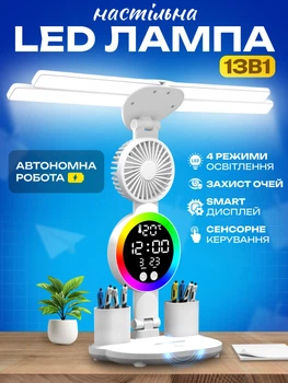 Настільна лампа на акумуляторі світлодіодна led для столу школяра акумуляторна портативна з вбудованим вентилятором годинником термометром usb Atlanfa настільний світильник бездротові настільні лед лампи з акумулятором