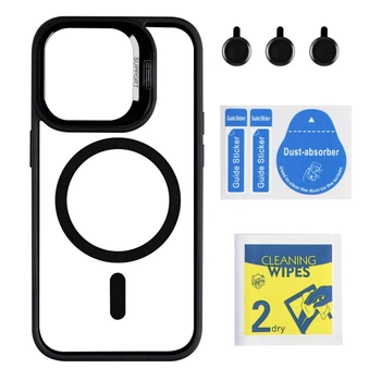 Противоударный Чехол TPU+PC+Metal Stand Case with MagSafe and Camera Lenses для iPhone 15 Pro Black