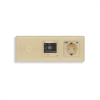 Розумний терморегулятор ELIOS з керуванням з телефона, вимикач з розеткою USB A+C 20Вт, золото, скло (246642090)