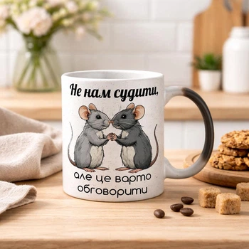 Чашка хамелеон С БЛЕСТКАМИ и надписью "Не нам судить, но это стоит обсудить" 330 мл