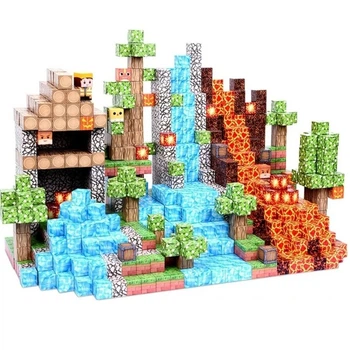 Магнитный конструктор кубики minecraft Водопад с магмой и пещерой Майнкрафт конструктор на магнитах 128 кубиков
