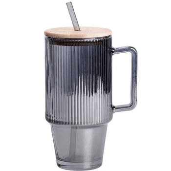 Скляна кружка-кубок з бамбуковою кришкою, трубочкою та підставкою «ICE Tea», об’єм 750 мл