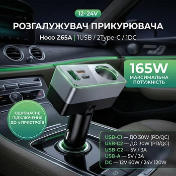 Розгалужувач прикурювача для авто Hoco Z65A |1USB/2Type-C/1DC, 165W, PD/QC| Автомобільний зарядний пристрій
