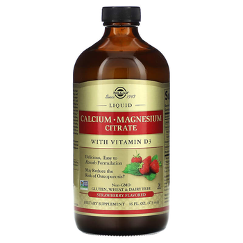 Цитрат кальцію та магнію з вітаміном Д3 SOLGAR "Liquid Calcium Magnesium Citrate with Vitamin D3" рідкий зі смаком полуниці, 600 мг/300 мг/500 МО (473 мл)