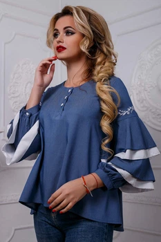 Жіноча блуза оверсайз з воланами та вишивкою Seventeen S Синій (2000000104287)