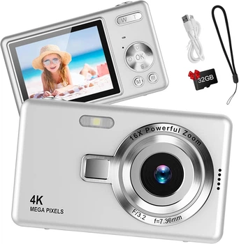 Серебряная Цифровая Камера 44MP FHD 1080P, 16X Зум, Портативная, с SD 32GB