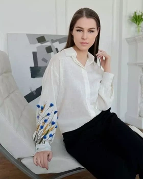Женская льняная рубашка с вышивкой колосков NORA KVITTIN MKNK205 - 48, Білий