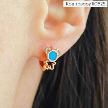 Серьги кольца "Медвежонок" с Голубым камнем, диаметр 1,1см, Xuping 18К