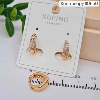 Серьги кольца "РОМБЫ" украшены Блестящими камушками, длина 1,2см, XUPING 18K